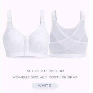 Set of 2 Plusform Womens Size 48D Posture Bras White Front Clasp‎ Closure NWT